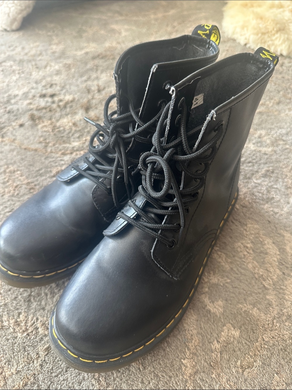 Dr. Martens Black Leather Lace-Up Boots with Yellow Stitching